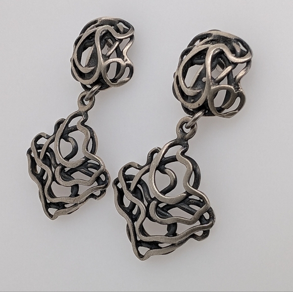 Two Tone Brushed Sterling Silver Dangle Earrings - Picture 3 of 6